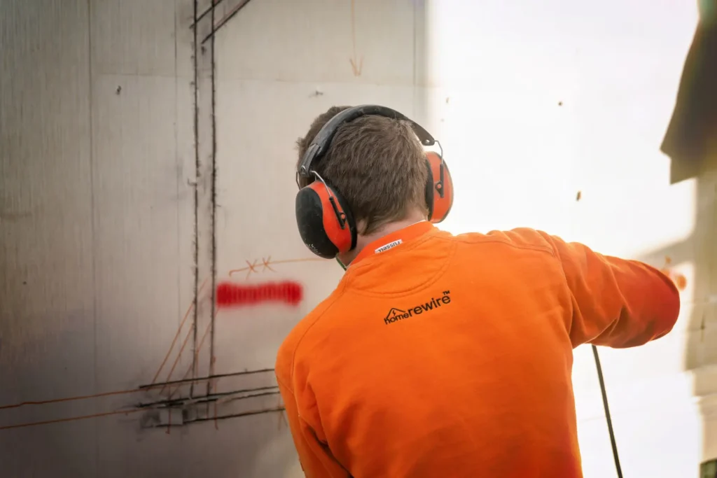 House rewiring electrician cutting marked plastering